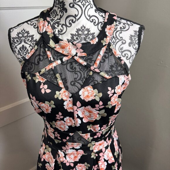 Sweet Storm black and pink floral mesh cut out high neck mini dress. - Picture 2 of 9